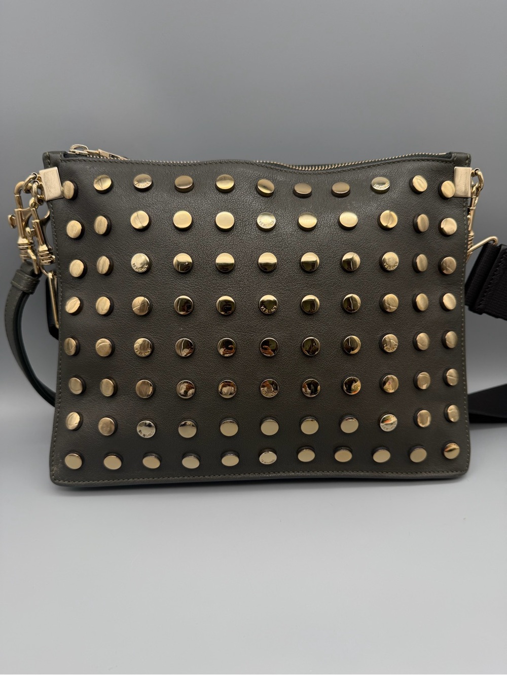 Versace Medusa Studded Leather Crossbody Bag in khaki green with Gold Accents